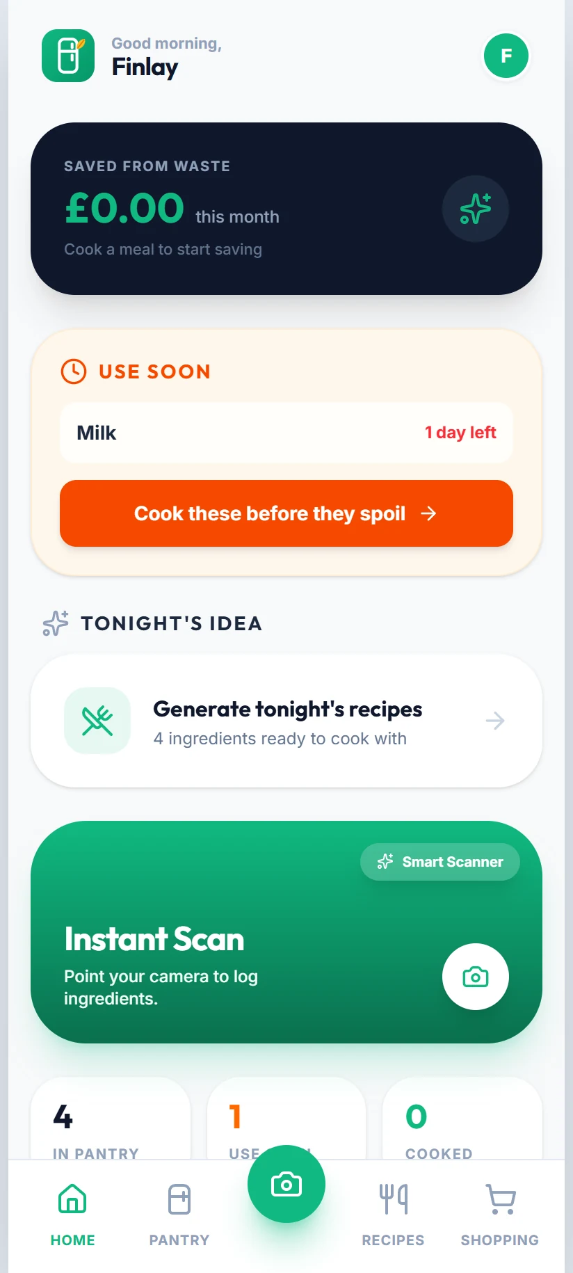 What's in My Fridge app home screen